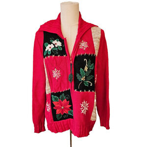 Vintage Heirloom Collectibles Christmas Cardigan Sweater Poinsetta Grandma L Pet